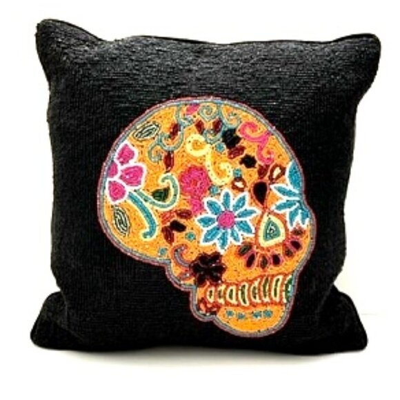 Sugar Skull Beaded Colorful Square Throw Pillow - Picture 1 of 6